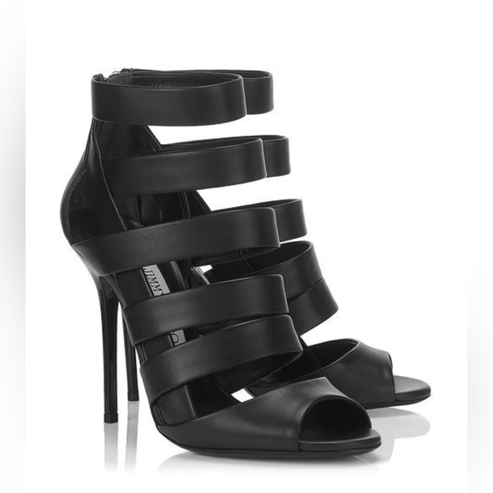 Jimmy Choo Dame Napa Leather Strappy Cage Sandal Stiletto Heels Black sz 37